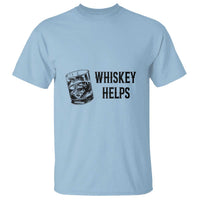 Light blue whiskey-themed T-shirt with “WHISKEY HELPS” graphic and glass icon on chest