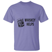 Violet whiskey-themed T-shirt with “WHISKEY HELPS” graphic and glass icon on chest