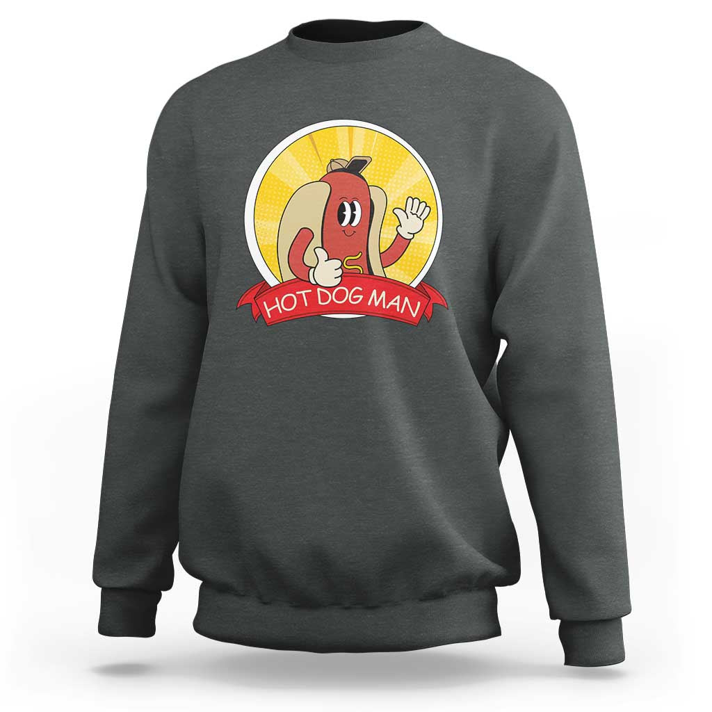 Dark heather gray crewneck sweatshirt with “Hot Dog Man” vintage comic graphic on front.