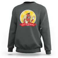 Dark heather gray crewneck sweatshirt with “Hot Dog Man” vintage comic graphic on front.
