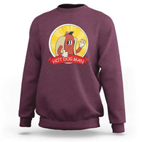 Maroon crewneck sweatshirt with “Hot Dog Man” vintage comic graphic on front.