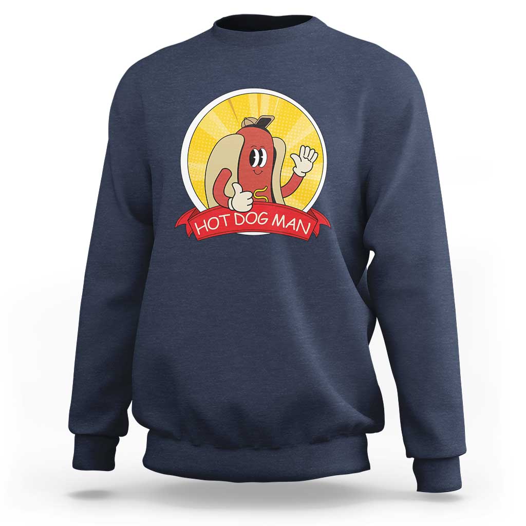 Navy crewneck sweatshirt with “Hot Dog Man” vintage comic graphic on front.