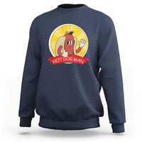 Navy crewneck sweatshirt with “Hot Dog Man” vintage comic graphic on front.