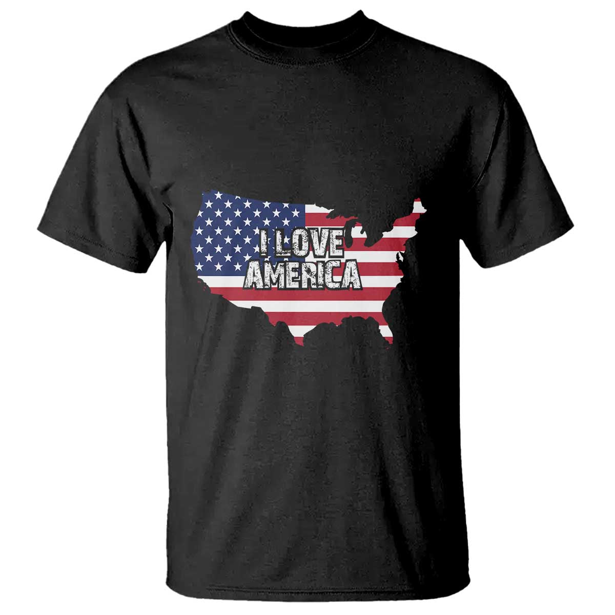 Black Fourth of July T-shirt with USA map, stars, and “I LOVE AMERICA” print