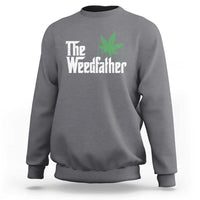 Men's dark heather gray crewneck sweatshirt with green 'Weedfather' marijuana leaf graphic