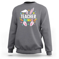 Dark heather gray sweatshirt with 'Teacher Bunny' graphic and bunny ears, hearts, and stars