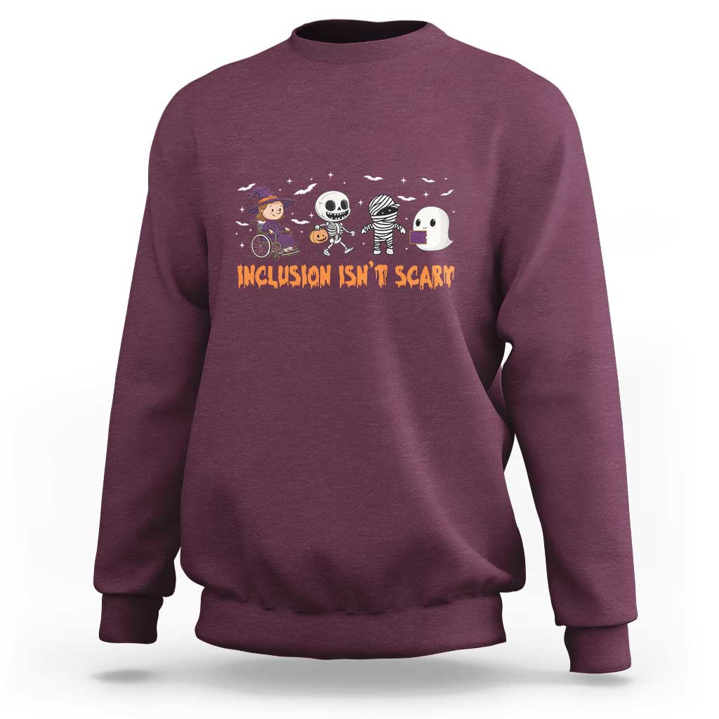 Maroon Halloween teacher sweatshirt with colorful skeleton, ghost, witch graphic on front