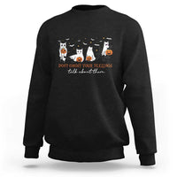 Black Halloween sweatshirt with ghost cat graphic and Don't Ghost Your Feelings text