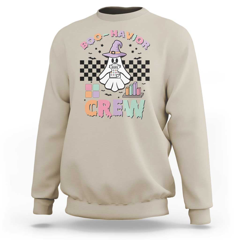 Sand crewneck Halloween sweatshirt with ghost-witch 'Boo-Havior Crew' graphic