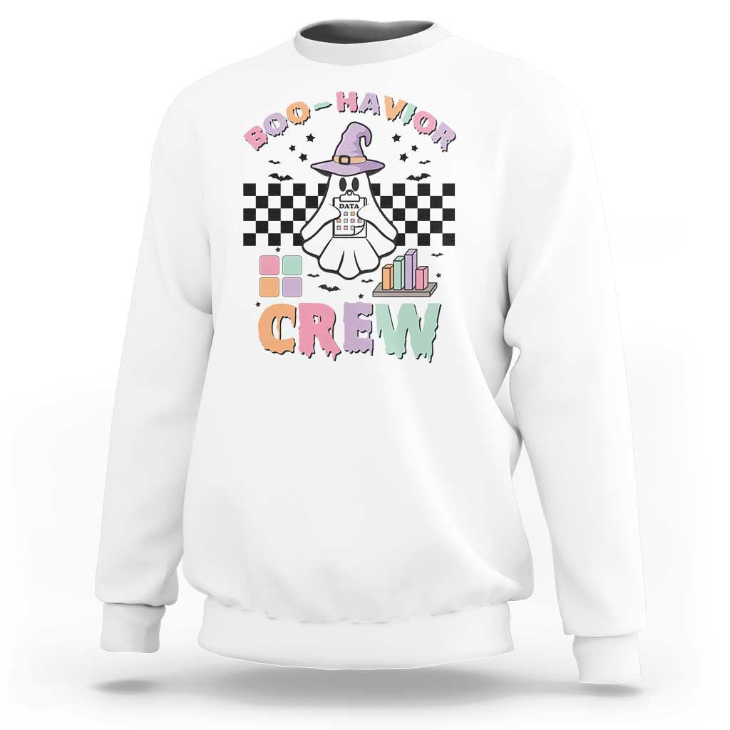 White crewneck Halloween sweatshirt with ghost-witch 'Boo-Havior Crew' graphic