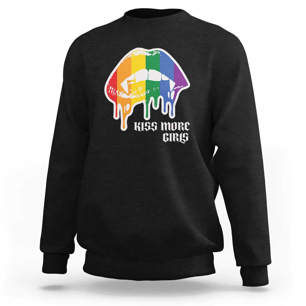Black crewneck sweatshirt with rainbow lip graphic and “KISS MORE GIRLS” text