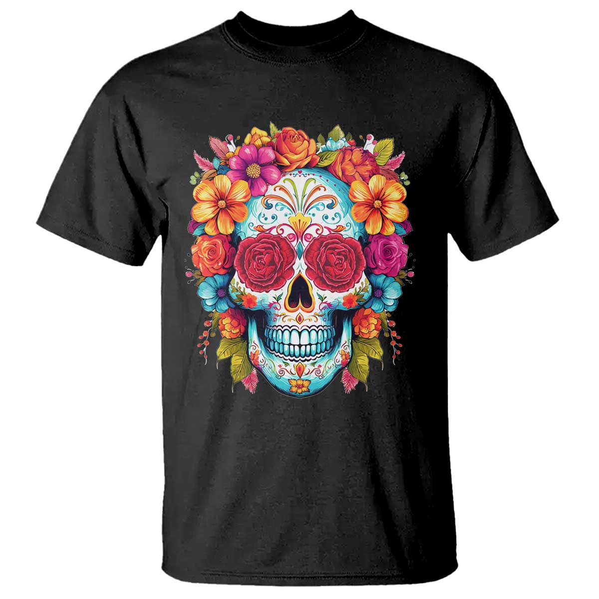 Day Of The Dead T Shirt Sugar Skull Dia De Los Muertos Halloween Rose Flowers