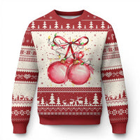 Red Christmas sweater with bow and hanging bauble graphic, festive knit patterns