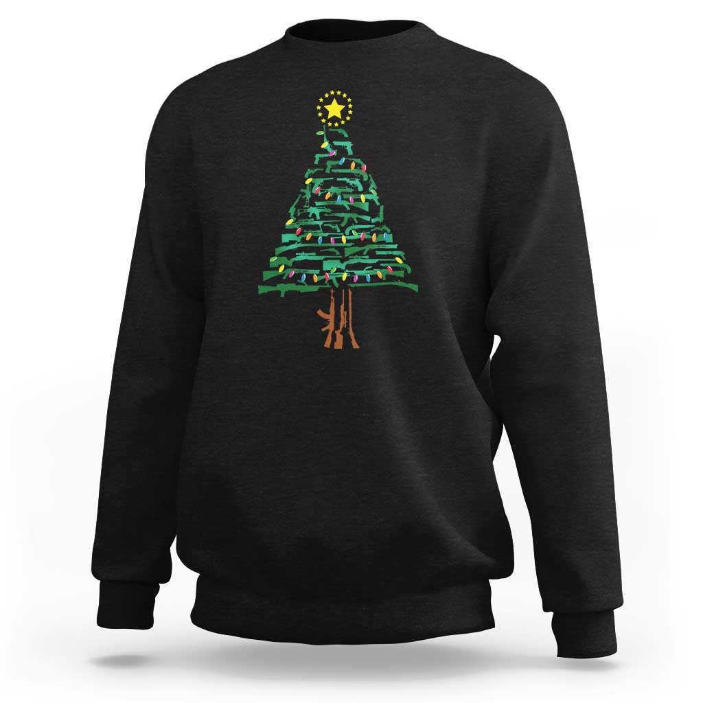 Black crewneck sweatshirt with colorful Christmas tree and star graphic