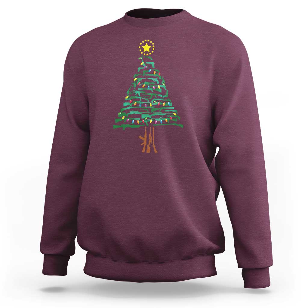 Maroon crewneck sweatshirt with colorful Christmas tree and star graphic