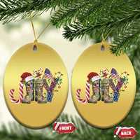 Two gold oval ornaments with veterans graphic, hanging on a tree; front and back shown