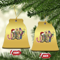 Two gold bell-shaped ornaments with veterans graphic, showing front and back
