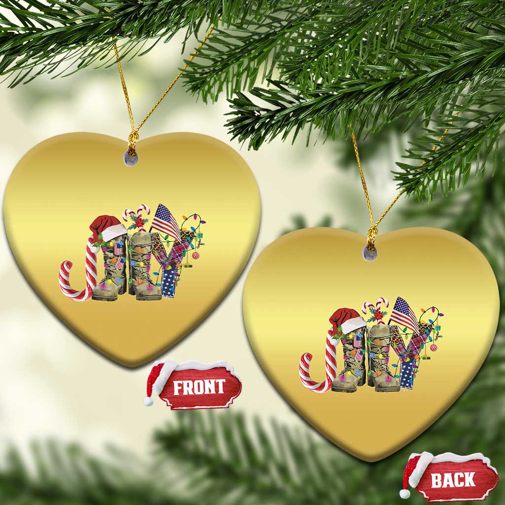 Two gold heart-shaped ornaments with veterans graphic, showing front and back labels