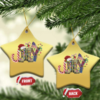Two gold star-shaped Christmas ornaments with veterans graphic, showing front and back