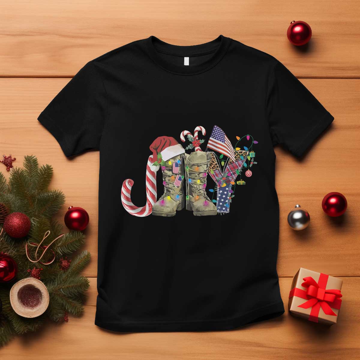 Christmas Veterans T Shirt Joy Candy Cane American Flag