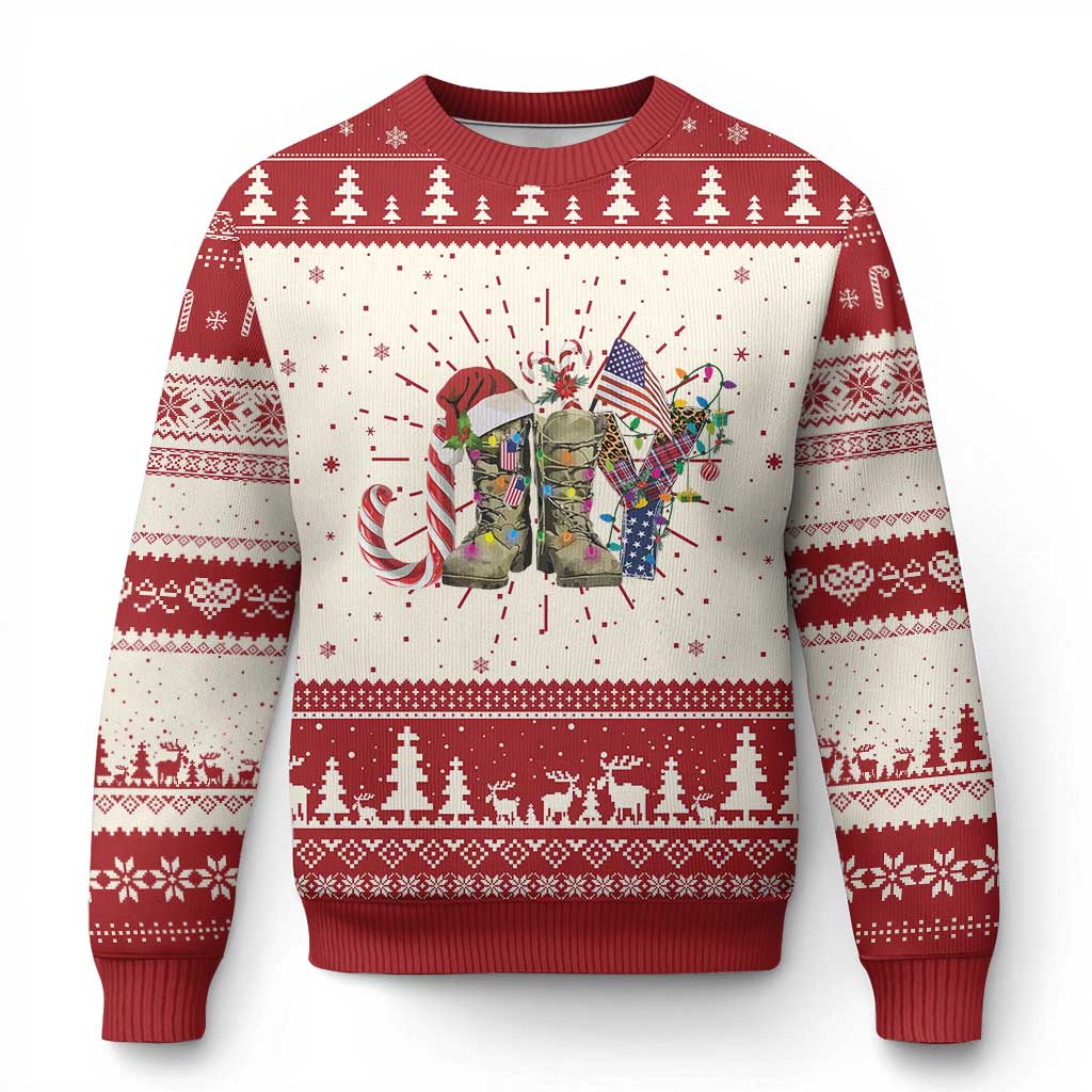 Red and cream Christmas sweater with soldier graphic, trees, and fair isle stripe pattern