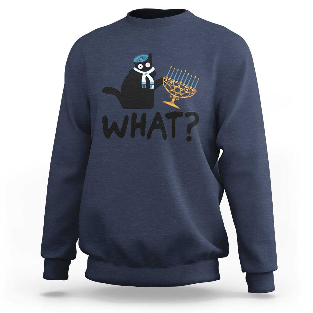 Navy crewneck sweatshirt with black cat Hanukkah graphic and bold “WHAT?” text