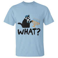 Light blue T-shirt with black cat holding menorah and bold "WHAT?" graphic