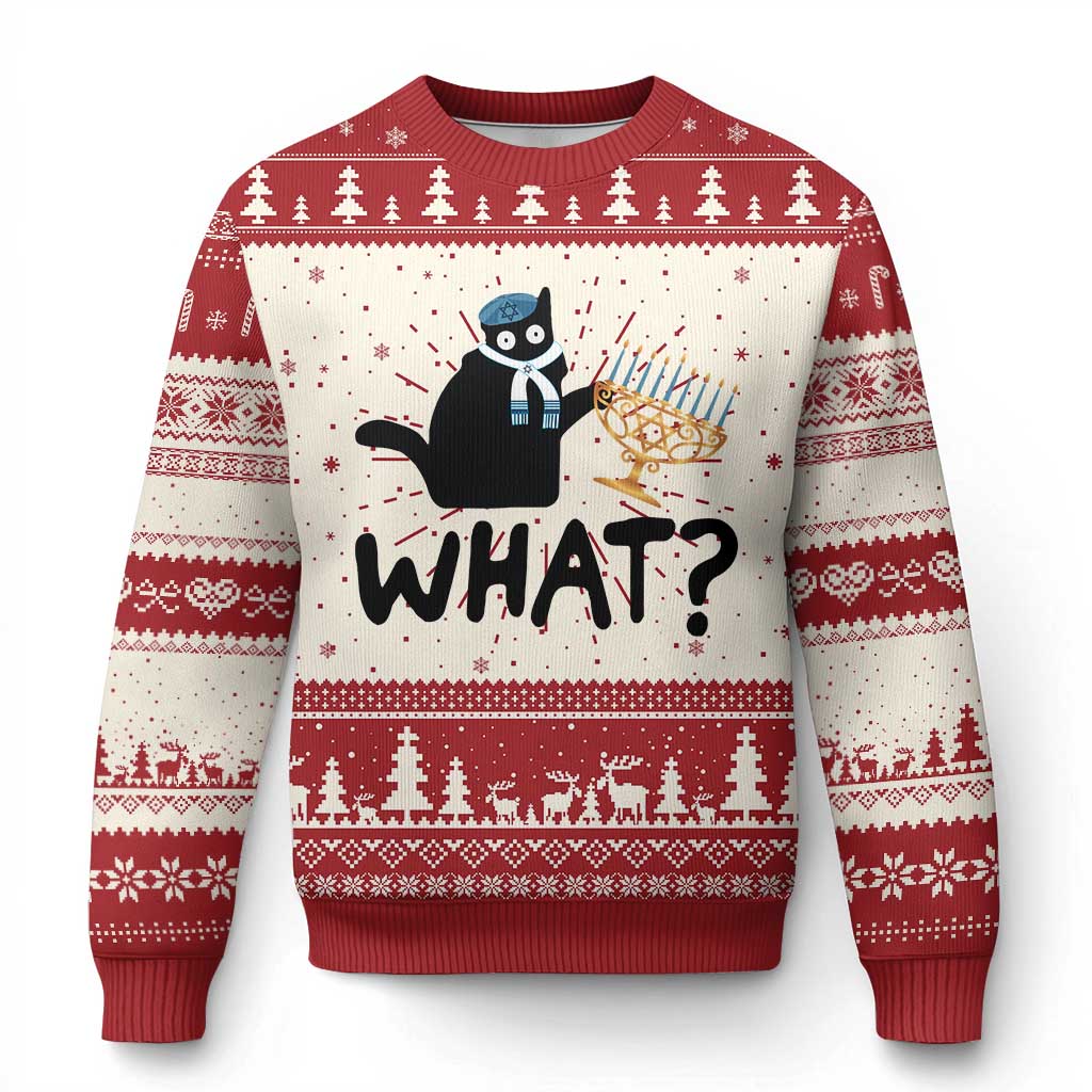 Red ugly Christmas sweater with black cat graphic and 'WHAT?' text, long sleeves