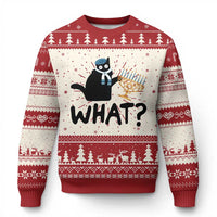 Red ugly Christmas sweater with black cat graphic and 'WHAT?' text, long sleeves
