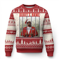 Red ugly Christmas sweater with festive border and Santa portrait graphic