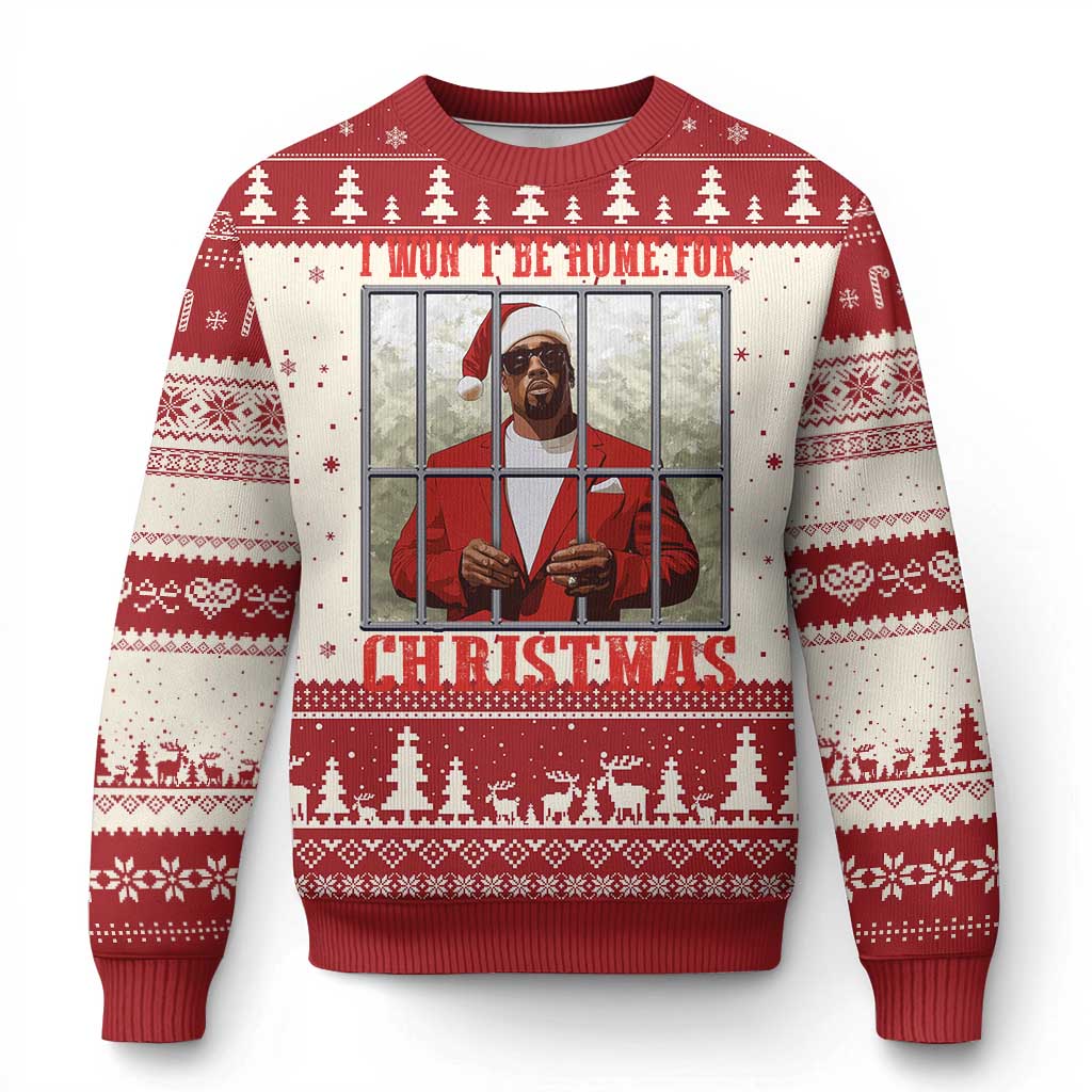 Red crewneck ugly Christmas sweater with window Santa graphic and border knit pattern