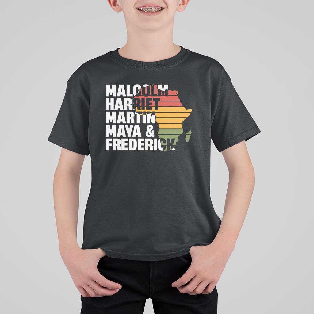 Black History Leaders T Shirt For Kid Malcolm Harriet Martin Maya Frederick Africa Map