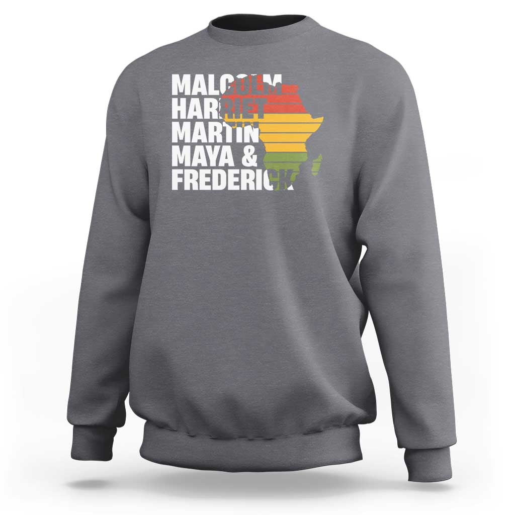 Dark heather gray crewneck sweatshirt with leaders names and Africa map graphic
