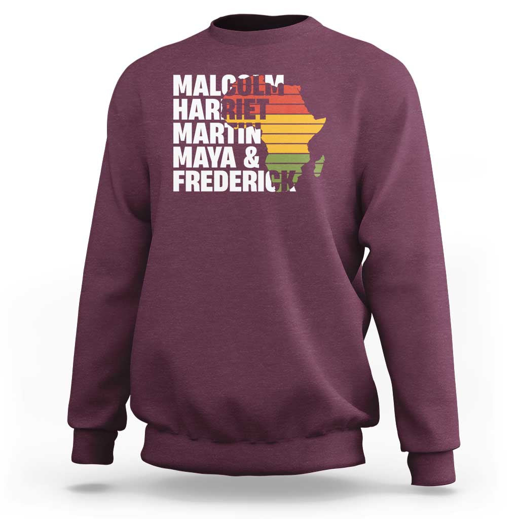 Maroon crewneck sweatshirt with leaders names and Africa map graphic