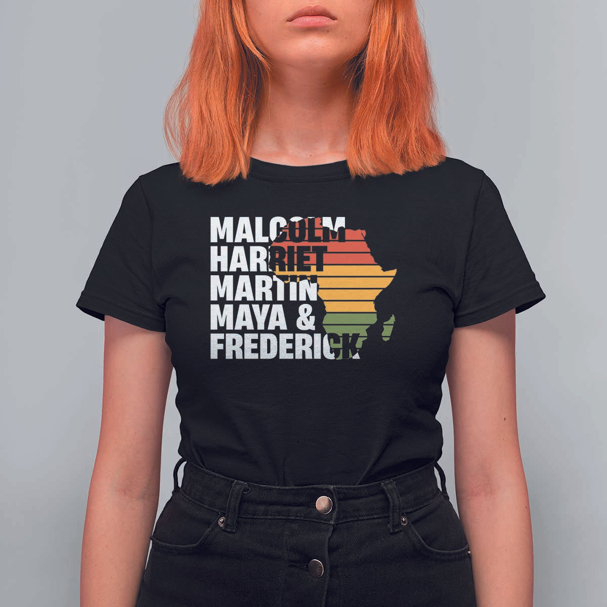 Black History Leaders T Shirt For Women Malcolm Harriet Martin Maya Frederick Africa Map