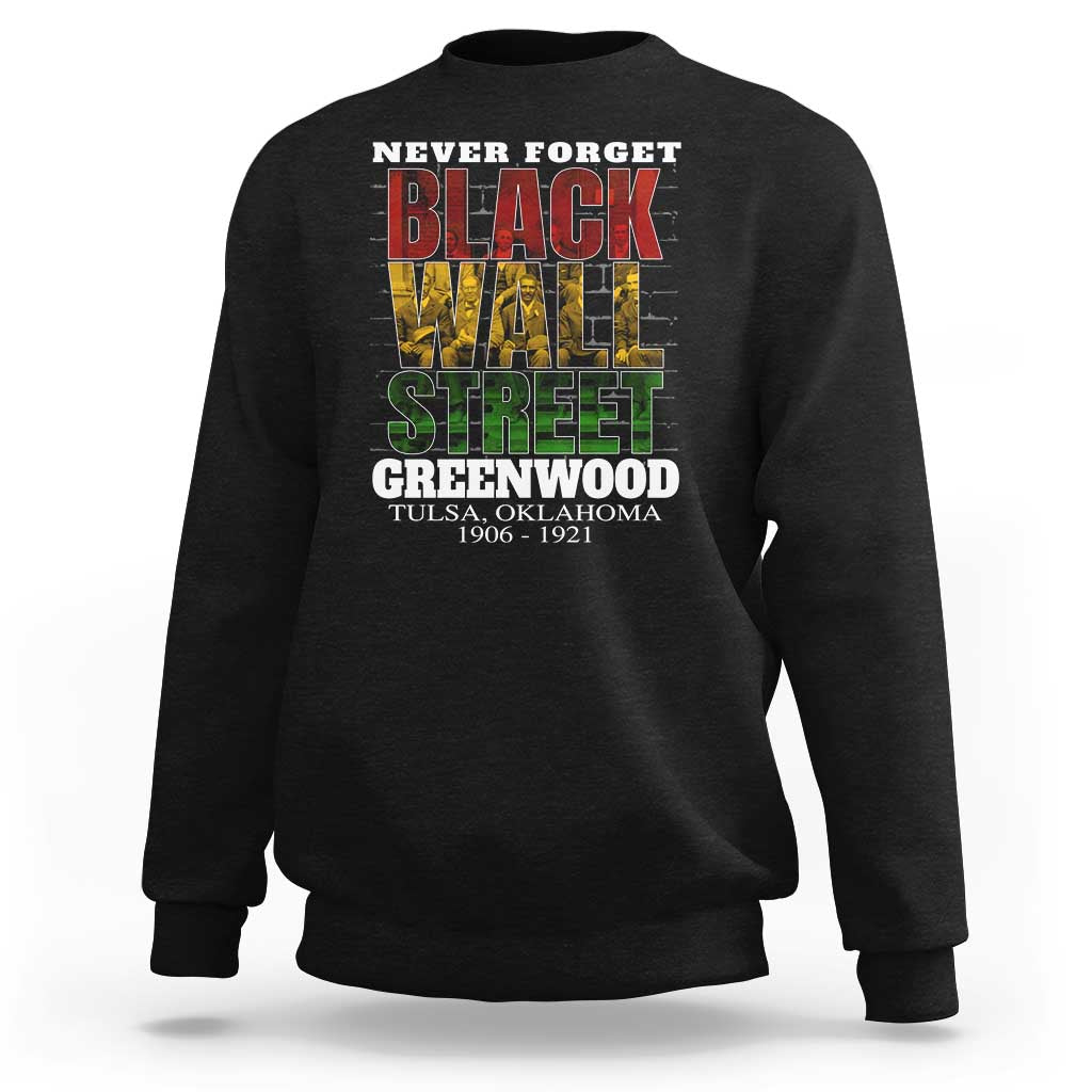 Black crewneck sweatshirt with front graphic text "Never Forget Black Wall Street"