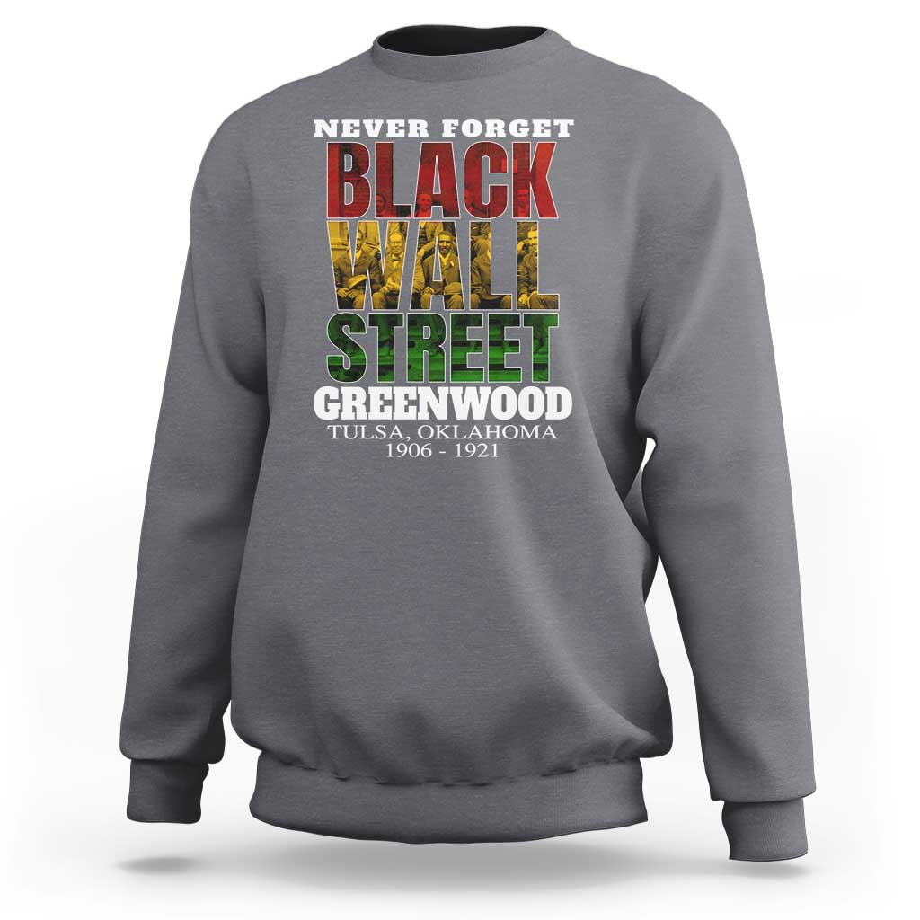 Charcoal crewneck sweatshirt with front graphic text "Never Forget Black Wall Street"