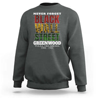 Dark heather crewneck sweatshirt with front graphic text "Never Forget Black Wall Street"