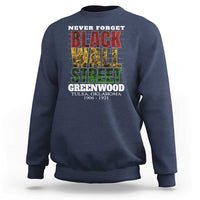Navy crewneck sweatshirt with front graphic text "Never Forget Black Wall Street"