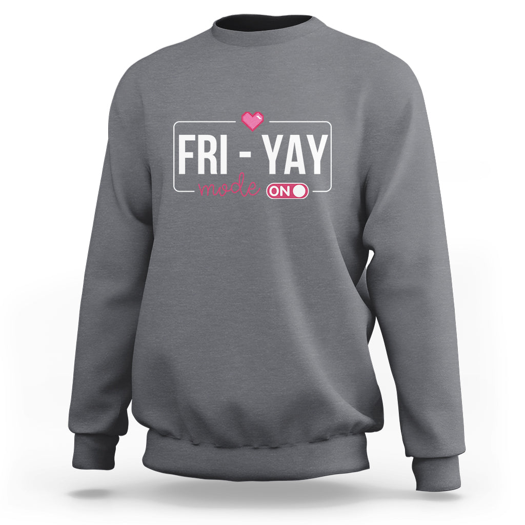 Charcoal gray sweatshirt with 'FRI-YAY' graphic and heart on chest