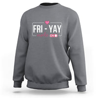 Charcoal gray sweatshirt with 'FRI-YAY' graphic and heart on chest
