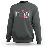 Dark heather gray sweatshirt with 'FRI-YAY' graphic and heart on chest
