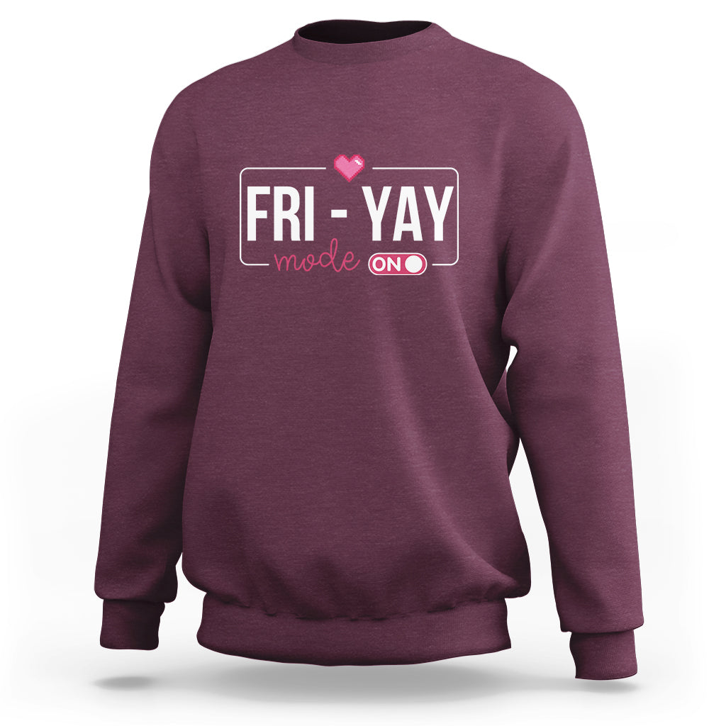 Maroon sweatshirt with 'FRI-YAY' graphic and heart on chest