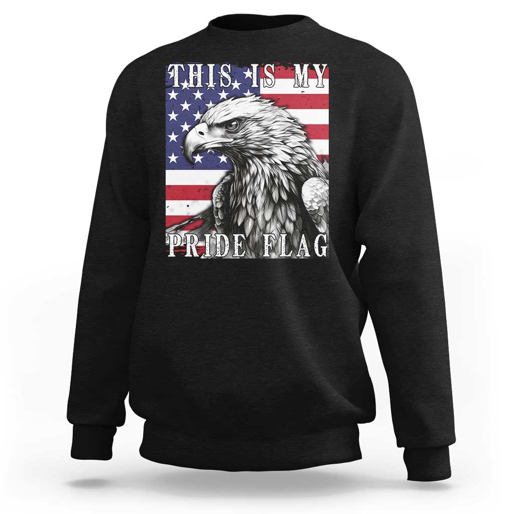 Black sweatshirt with bald eagle and American flag pride graphic, crew neck
