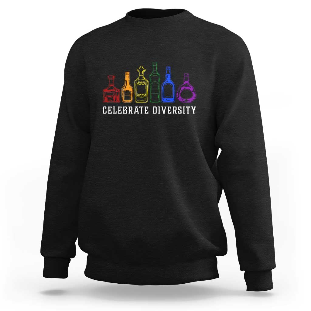 Black LGBTQ pride sweatshirt with “Celebrate Diversity” bottle graphic