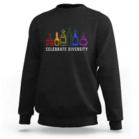 Black LGBTQ pride sweatshirt with “Celebrate Diversity” bottle graphic