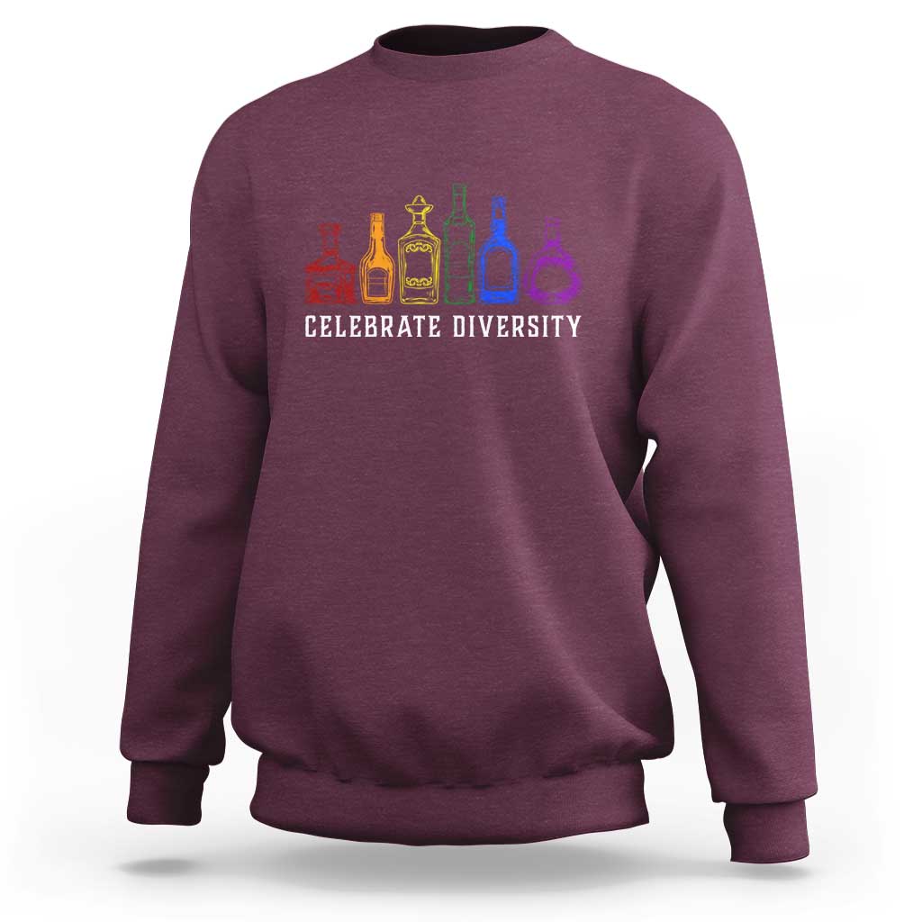 Maroon LGBTQ pride sweatshirt with “Celebrate Diversity” bottle graphic