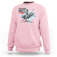 Light pink crewneck sweatshirt with western bull rider graphic and stacked text logo