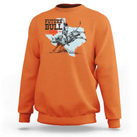 Orange crewneck sweatshirt with western bull rider graphic and stacked text logo