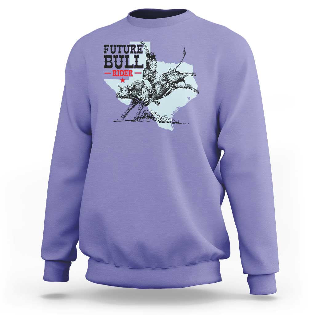 Purple crewneck sweatshirt with western bull rider graphic and text logo
